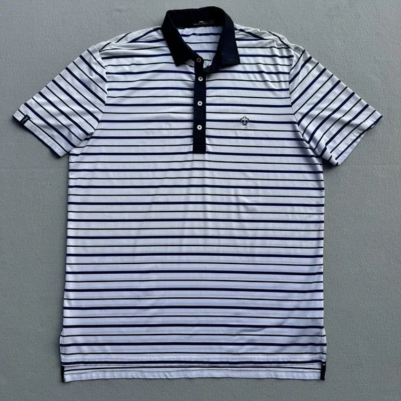 RLX Ralph Lauren Golf Polo Shirt Men Large Striped White/Navy Performance Casual - Picture 2 of 9
